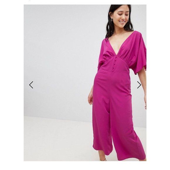 NWT ASOS Design Magenta Tea Jumpsuit With Kimono Sleeve And Button Detail Size 4 - Picture 3 of 12